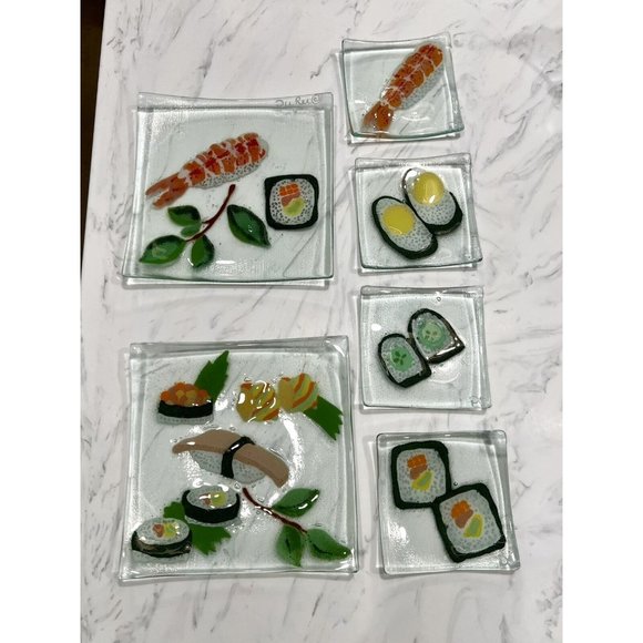 6Pc Duree Designs SUSHI Art Glass Serving Platter Plates Small Appetizer Dishes - Picture 1 of 8